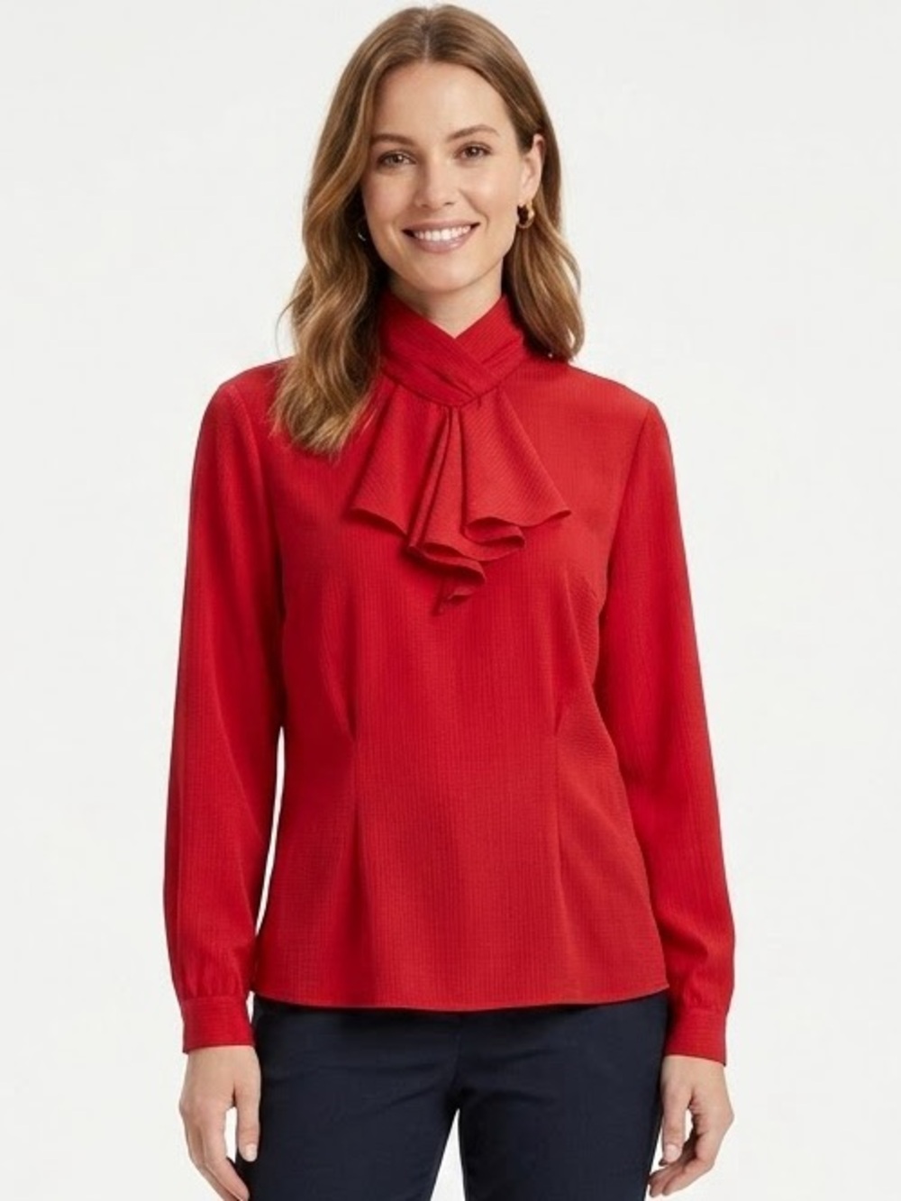 Oscar De La Renta Red Tie-Neck Long Sleeve Blouse Vintage Sz 10
